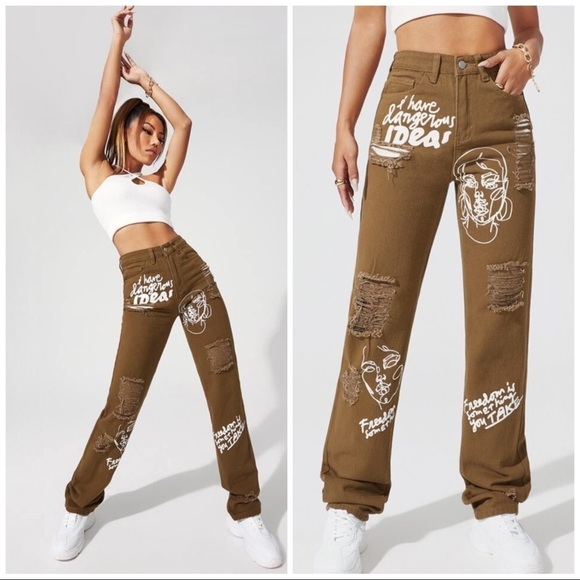 SHEIN Denim - SHEIN FIGURE AND SLOGAN GRAPHIC RIPPED JEANS SIZE M